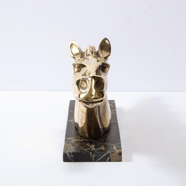 Metal Art Deco Stylized Stallion Sculpture in Brass on Black Portoro Marble Base For Sale - Image 7 of 12