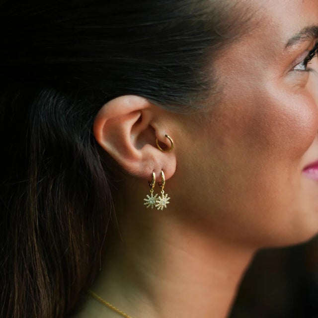 Minimalist Gold Hook Spiritual Sun Dangle Earrings, A Pair For Sale In Miami - Image 6 of 7