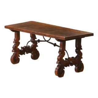 18th Century Spanish Carved Walnut Single-Plank Coffee Table With Iron Stretcher For Sale