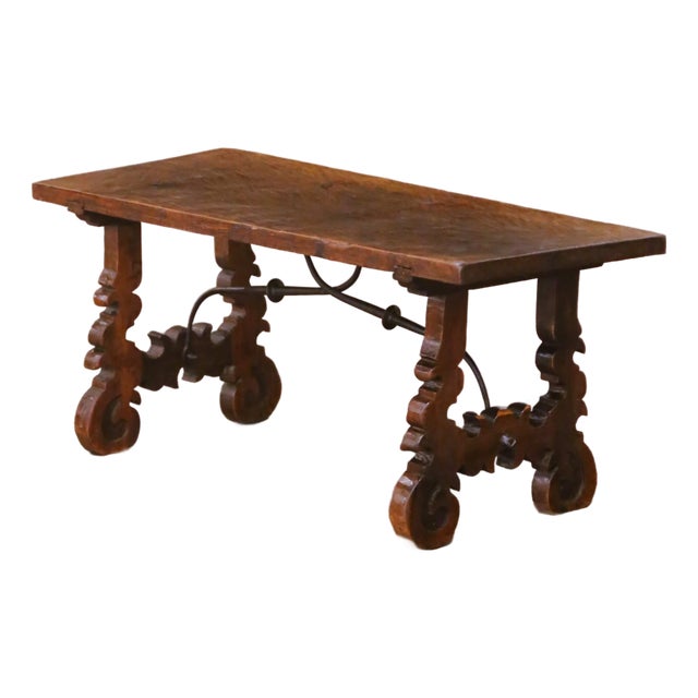 18th Century Spanish Carved Walnut Single-Plank Coffee Table With Iron Stretcher For Sale