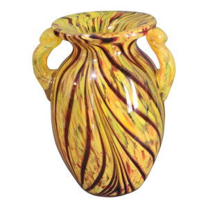 Early 20th Century Hand-Blown Splatter Striped Art Glass Attributed Murano Yellow Amphora Vase