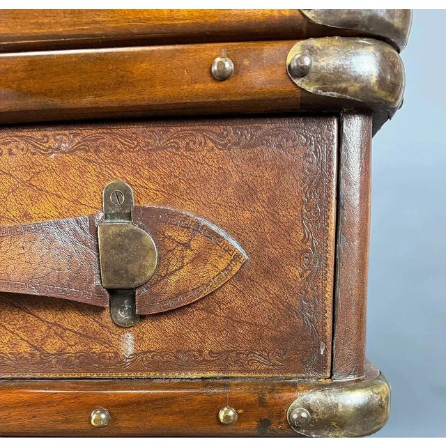 Wood British Colonial Faux Luggage Campaign-Style Kneehole Desk For Sale - Image 7 of 8