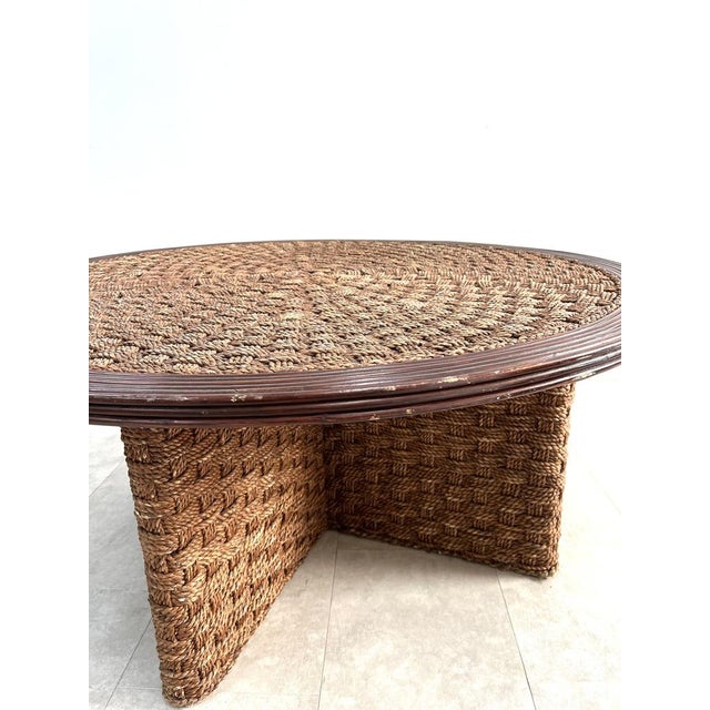 1950s Rattan and Woven Cane Coffee Table and Stools in the style of Audoux Minet, France, 1950s, Set of 5 For Sale - Image 5 of 9
