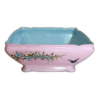 Antique French Floral & Butterfly Pink & Robbins Egg Limoges Porcelain Square Bowl For Sale