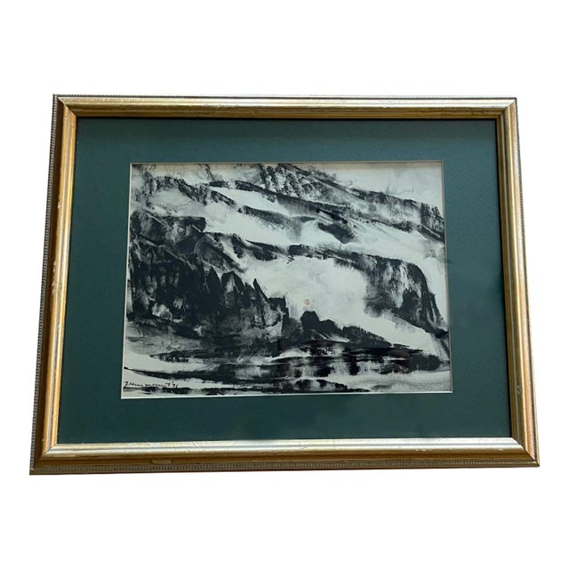 1970s Jeanne Moment Sumie and Oil Pastel Landscape Painting, Framed For Sale