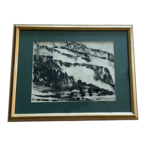 1970s Jeanne Moment Sumie and Oil Pastel Landscape Painting, Framed