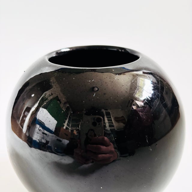 Vintage 80s Modern Black Ceramic Sphere Vase For Sale - Image 4 of 7