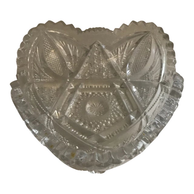1980s Heart Shaped Brilliant Cut Crystal Bowl With Scalloped and Saw Tooth Edges For Sale
