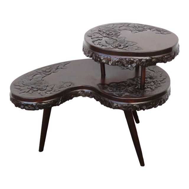 Heavy Carved Solid Mahogany Kidney Shape Two Tiers Coffee Table For Sale