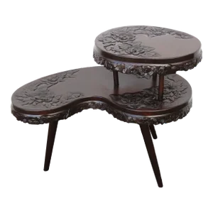 Heavy Carved Solid Mahogany Kidney Shape Two Tiers Coffee Table