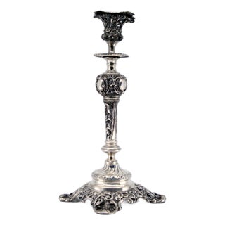 Embossed Silver Candlestick with Square Base and Cut-Out Supports For Sale