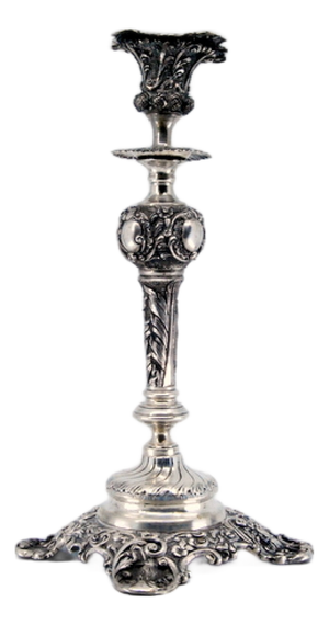 Embossed Silver Candlestick with Square Base and Cut-Out Supports