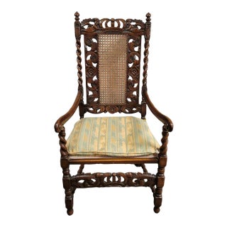English Carved Walnut Barley Twist Throne Chair With Putti & Cane Back For Sale