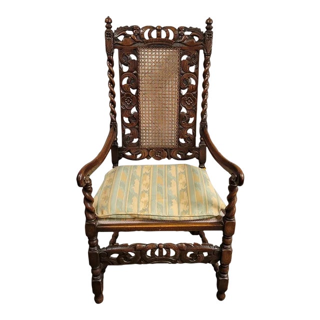 English Carved Walnut Barley Twist Throne Chair With Putti & Cane Back For Sale