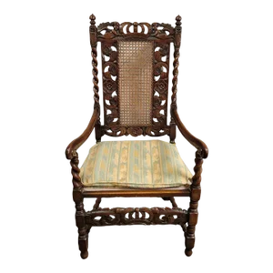 English Carved Walnut Barley Twist Throne Chair With Putti & Cane Back