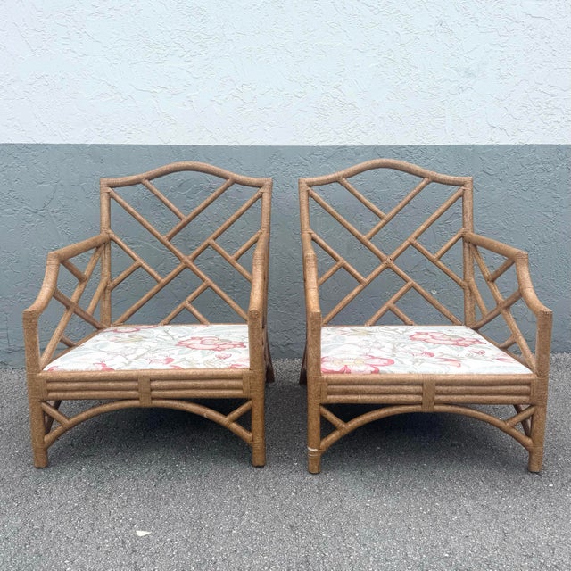 Boho Chic Rattan Chippendale Style Lounge Chairs by David Francis - A Pair For Sale In West Palm - Image 6 of 10