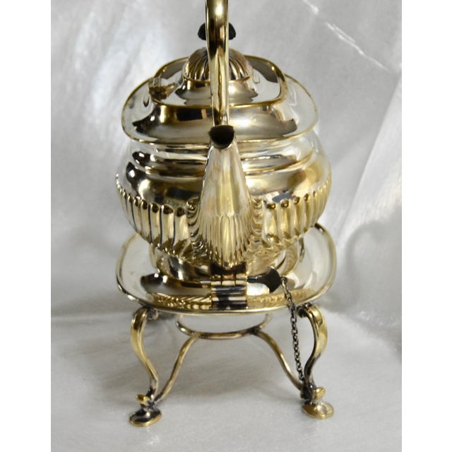 1900 - 1909 Sheffield Silver Plate Locking Tilting Kettle on Stand W/ Burner For Sale - Image 5 of 9