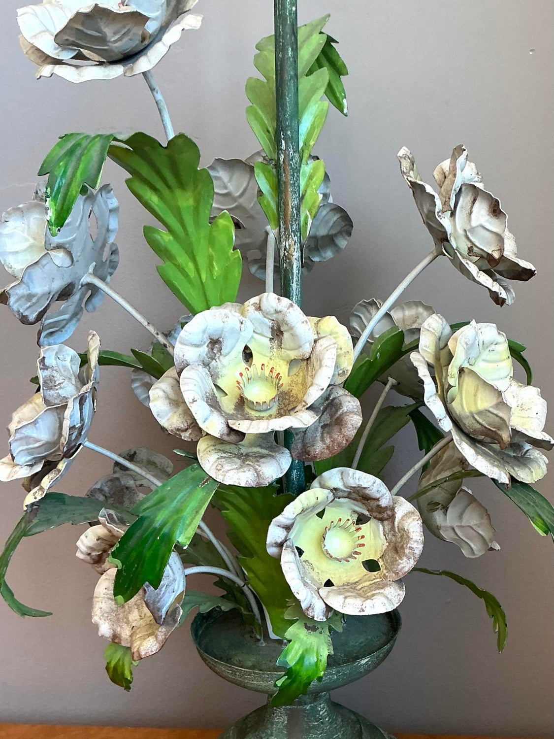 Vintage Hand Painted Tole Bouquet Lamp - Back view