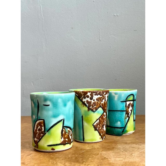 Mid-Century Modern Vintage Hand-Painted Ceramic Cups For Sale - Image 3 of 12
