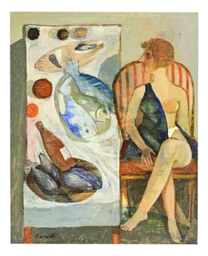 Alberto Gallerati, At the Table with Fish, 1980s, Mixed Media Painting