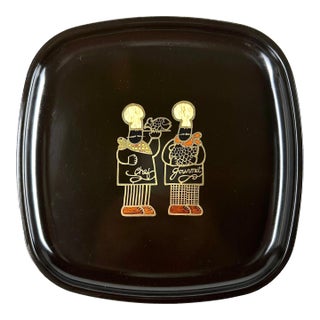 Vintage Mid Century Couroc Gourmet Chef Melamine, Brass & Wood Decorative Serving Tray For Sale