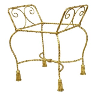 Vintage Italian Hollywood Regency Gold Gilt Iron Rope Tassel Vanity Bench Chair For Sale