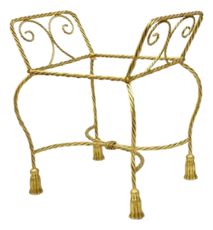 Vintage Italian Hollywood Regency Gold Gilt Iron Rope Tassel Vanity Bench Chair