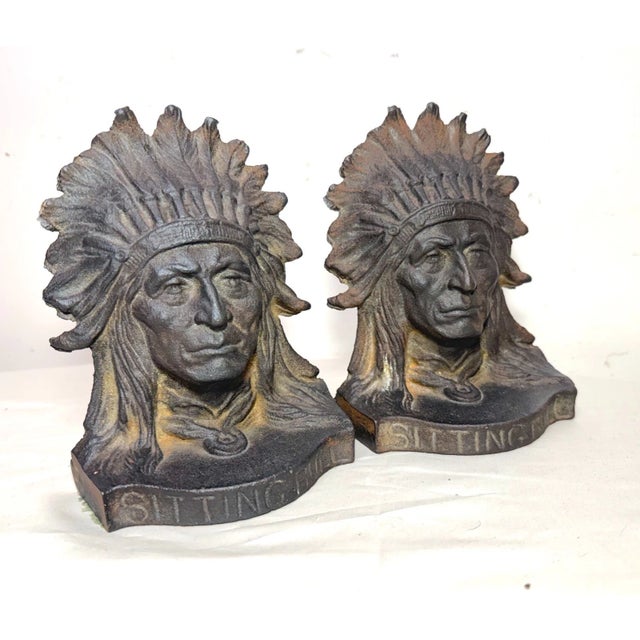 Native American Pair Antique Sitting Bull Solid Cast Iron Figural Native American Chief Bookends For Sale - Image 3 of 9