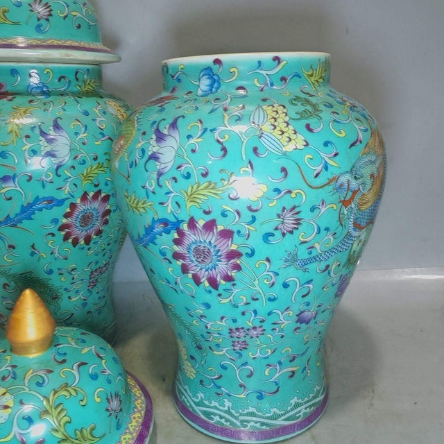 Ceramic Pair of Chinese Enameled Porcelain Dragon & Phoenix General Jars With Lids - 15" Tall For Sale - Image 7 of 9