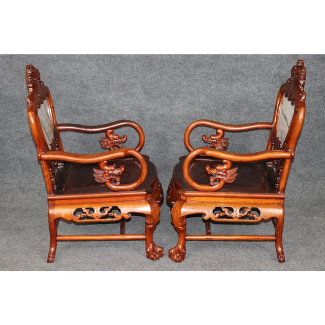 Mid 20th Century Pair Vintage Chinese Carved Mahogany and Marble Back Arm Chairs For Sale - Image 5 of 16