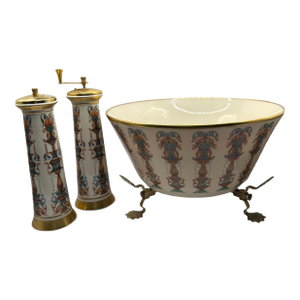 Vintage 1970’s Lenox “Lido" Pattern Salad Bowl and Stand With Salt and Pepper Mill - A Set of 4