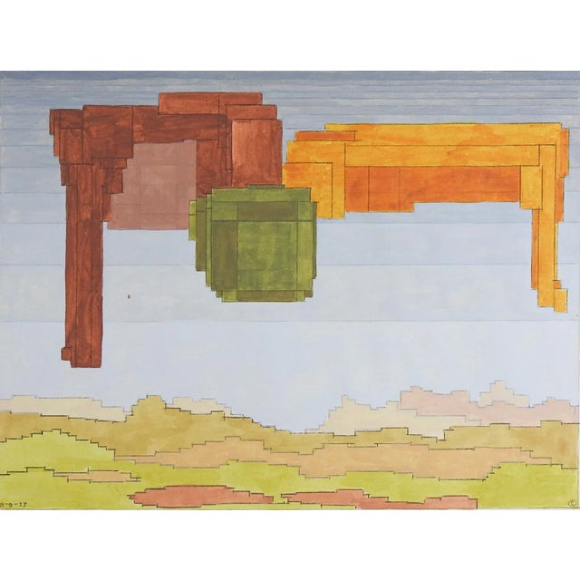 Mid-Century Modern Geometric Abstract Gray & Green Watercolor Painting For Sale - Image 3 of 3