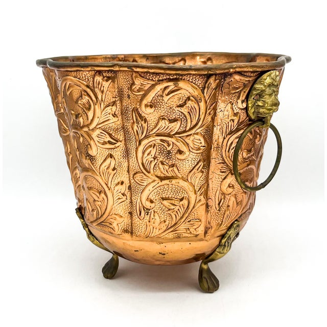 French Country Vintage Embossed Copper Planter / Cachepot With Lion Head Ring Handles & Paw Feet - English / French Country / Rustic European For Sale - Image 3 of 13