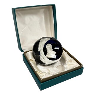 Late 20th Century Cristal d'Albret France Christopher Columbus Sulphide Paperweight Faceted Blue For Sale