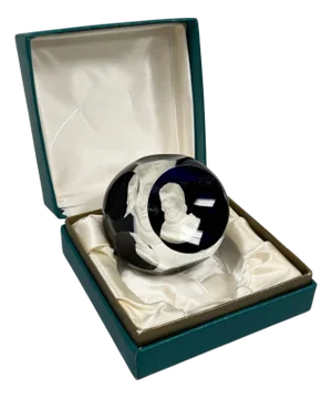 Late 20th Century Cristal d'Albret France Christopher Columbus Sulphide Paperweight Faceted Blue