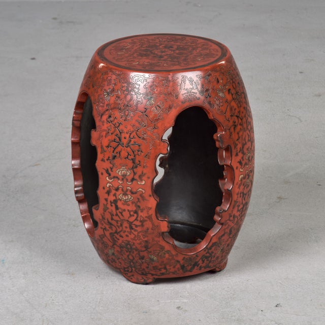 Vintage Chinese Carved and Etched Wooden Drum Table or Stool For Sale - Image 4 of 12