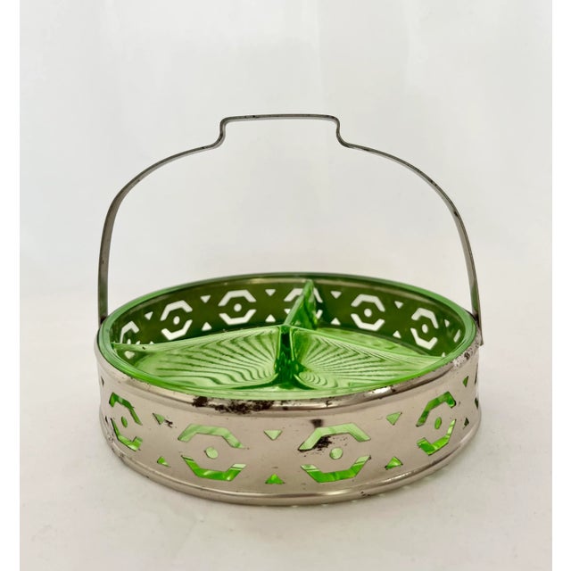 Early 20th Century Vintage Green Depression Glass Silver Relish Tray For Sale - Image 5 of 8