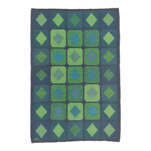 Mid 20th Century Brita Svefors Swedish Rollakan Rug, Blå Grön Diamant Rutmönster