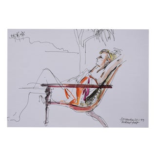 Richild Holt, Young Woman in a Beach Chair (Sri Lanka), 1999, Ink & Watercolor For Sale