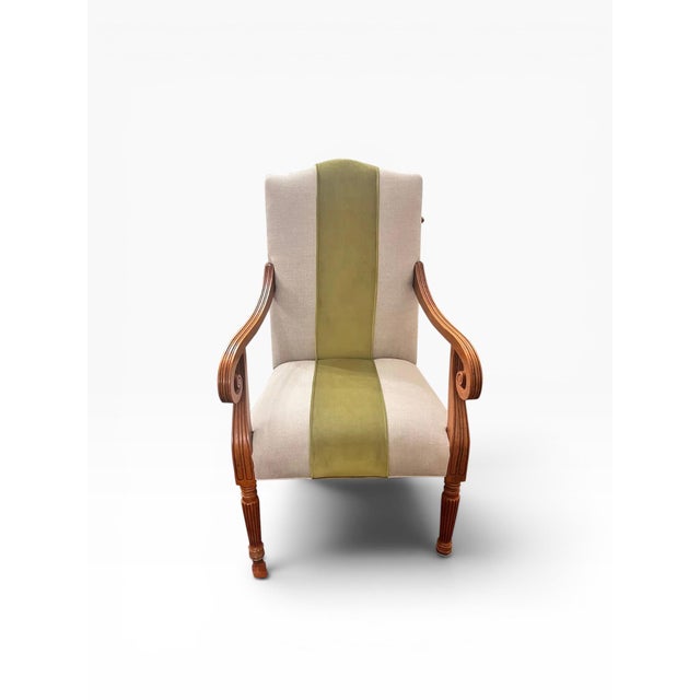 Tan Reupholstered Attributed Baker Furniture Milling Road Accent Chair With Embossed Leather Back For Sale - Image 8 of 11