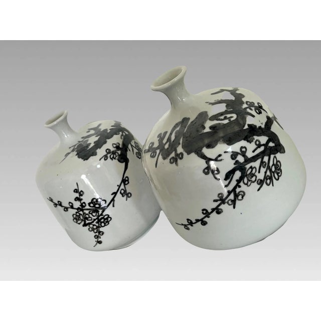 Japanese Japanese Vintage Ceramic Celadon Cherry Blossom Vases With Narrow Necks, a Pair, Signed For Sale - Image 3 of 7