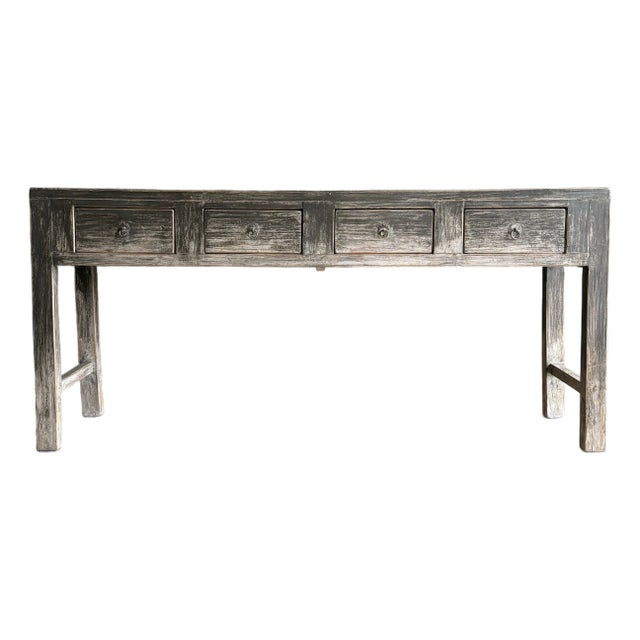 Vintage Elm Console With Patina Finish and 4 Drawers For Sale
