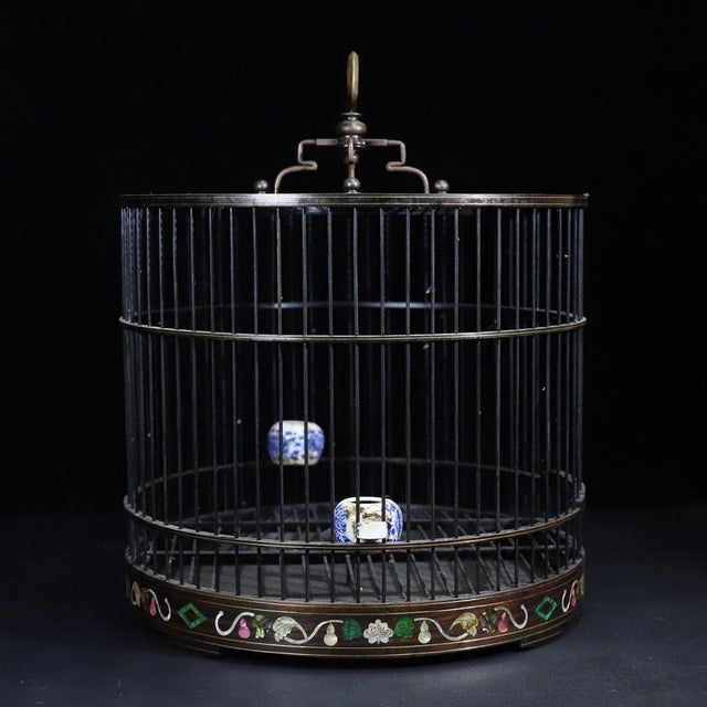 Late 19th Century Late 19th Century Dark Wood Birdcage With Mother-of-Pearl Inlay and Porcelain Cups For Sale - Image 5 of 10