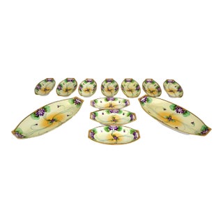 Antique Nippon Porcelain Trays Violet Motif – 1920s Set of 12 For Sale