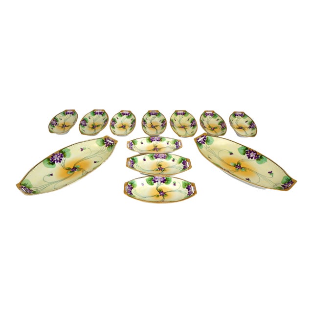 Antique Nippon Porcelain Trays Violet Motif – 1920s Set of 12 For Sale