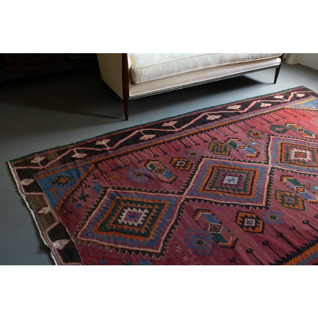 Tribal 1920s Antique Tribal Geometric Rug Finely Woven Kilim Rug - 6’1” X 9’7” For Sale - Image 3 of 14