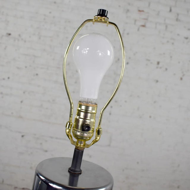 Art Deco Style Chrome and Black Horizontal Stripe Cylindrical Table Lamp Black Shade For Sale - Image 6 of 13