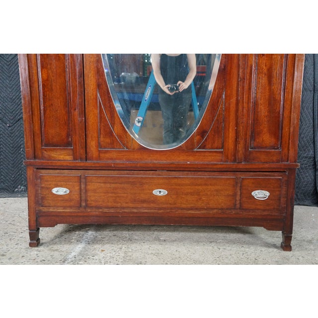Antique Edwardian Neoclassical Mahogany Fruitwood Inlaid Wardrobe Armoire Mirror For Sale - Image 11 of 18