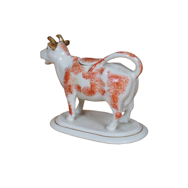 English Antique English Staffordshire Porcelain Red & White Cow Bull Creamer Pitcher For Sale - Image 3 of 11