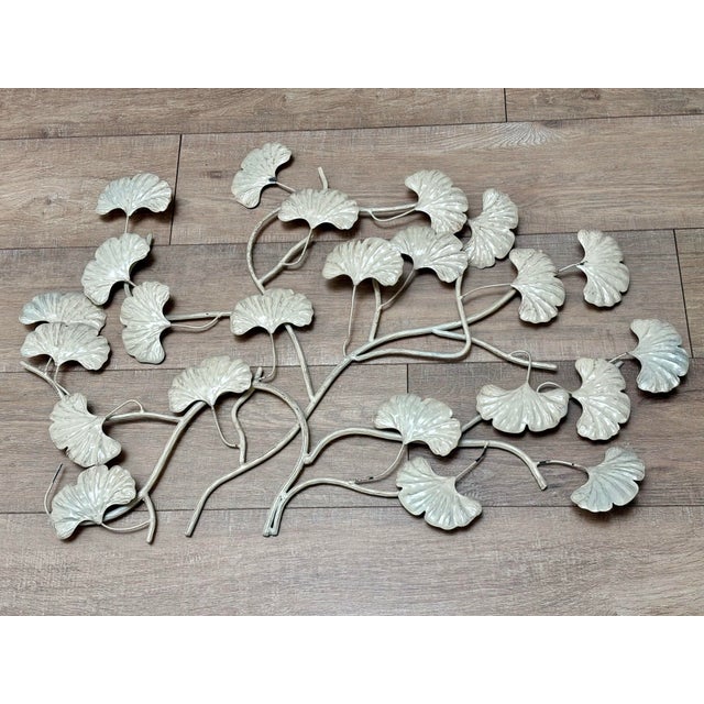 Vintage large, sculptural, metal ginkgo biloba leaf wall decor accent. Creamy soft, white textural and unique. Perfect for...